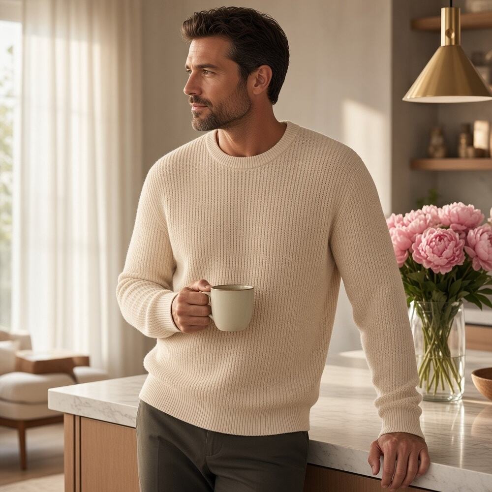 Mode of One Mens Ribbed Sweater NWT Size L Vanilla Cream Cotton Blend (002)